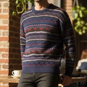 Vintage Mens Knit Sweater Size L Italy 3D Retro Texture Cozy Patterned Preppy